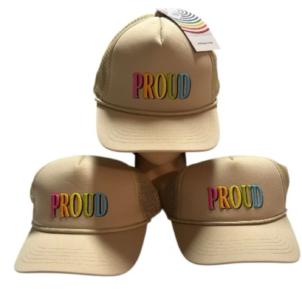Tan Mesh Trucker Hat with Colorful 'Proud' Embroidery, 3 pc. Bundle, NWT